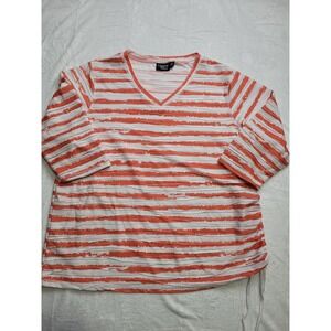 Onque Casual Top Women 1X Orange White Striped V-Neck Textured Cinch